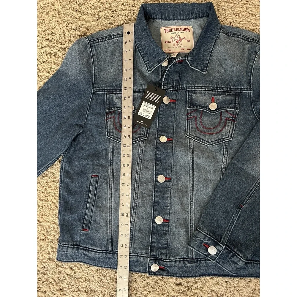 True Religion Jacket Mens Large Blue Quartz Wash Denim Red Stitching New w/Tags